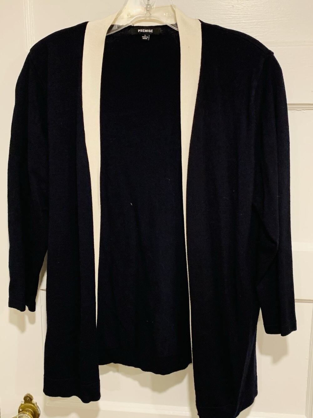 Premise Cardigan Sweater Size Medium Navy Blue and White Open Front